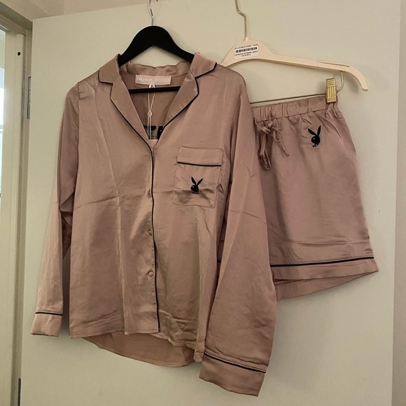 Playboy Champagne Satin Shorts & Shirt Pj Set - Picture 5 of 5